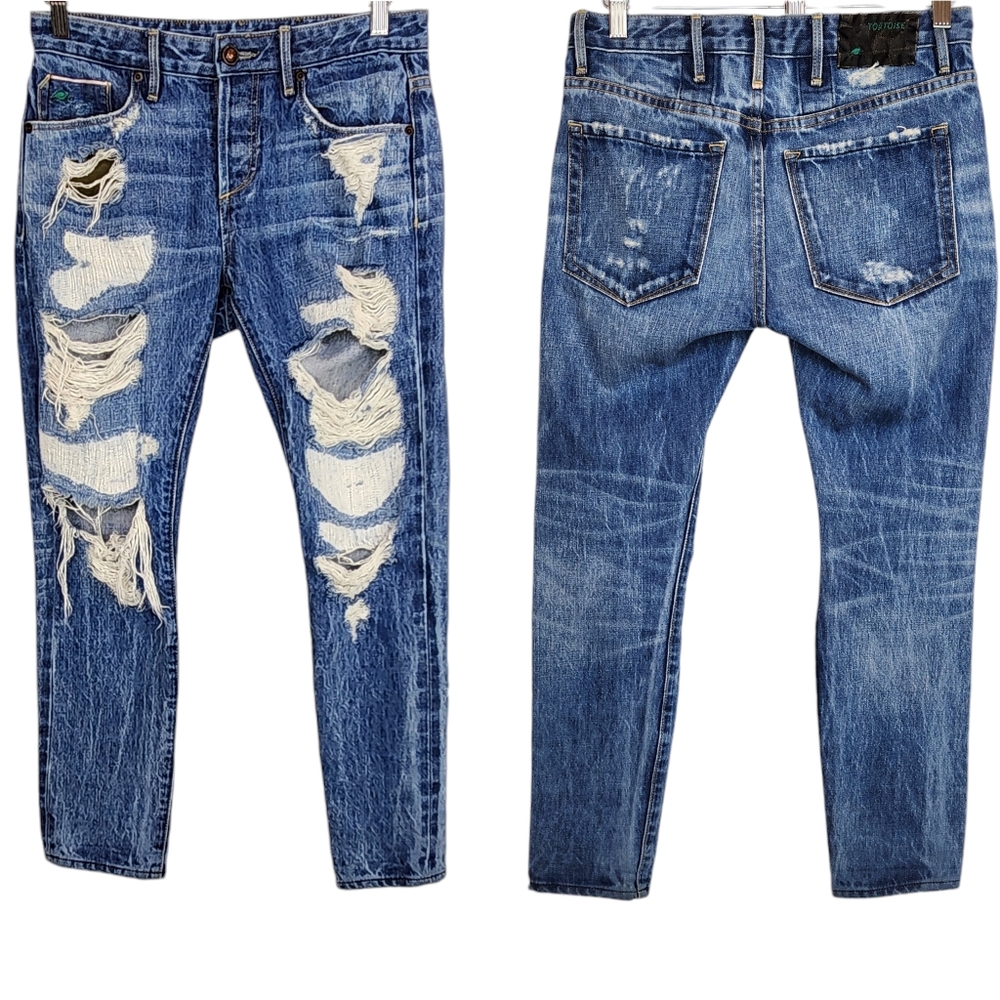 Tortoise Denim Mid-rise Cropped Straight Selvedge Jeans Destroyed Eco Friendly